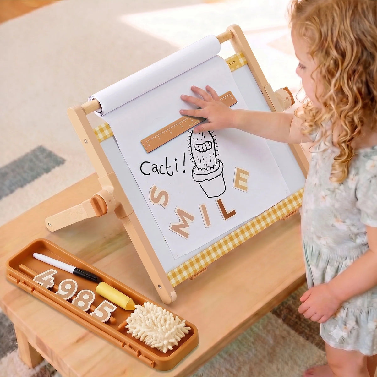 Tiny Land® Double-Sided Magnetic Tabletop Easel – Whiteboard, Chalkboard & Paper Roll with Letter Magnets, Ages 3+