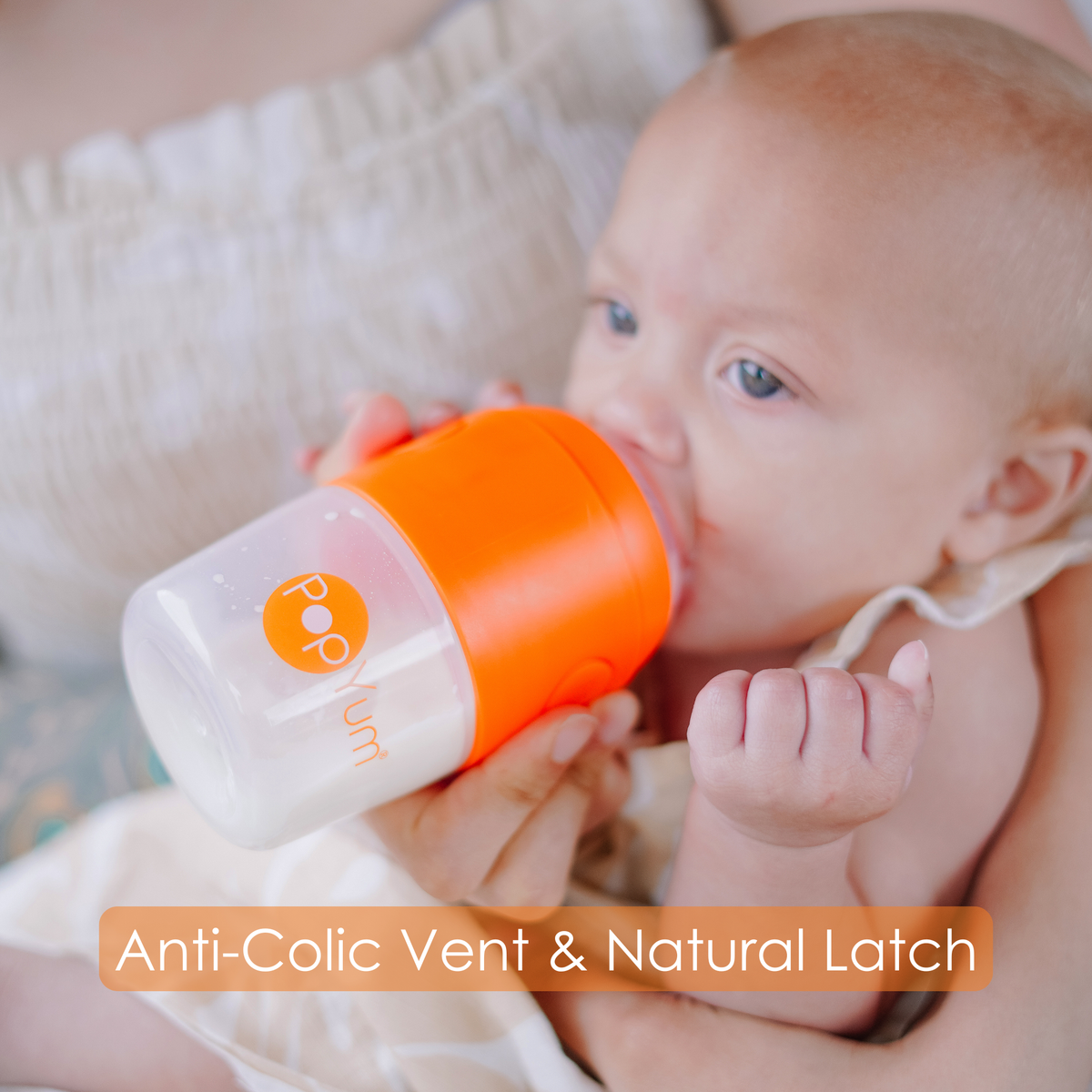 PopYum Baby Bottle 4-Pack Set with Gray Drying Rack & Silicone Mat – Orange (2 x 5oz + 2 x 9oz)