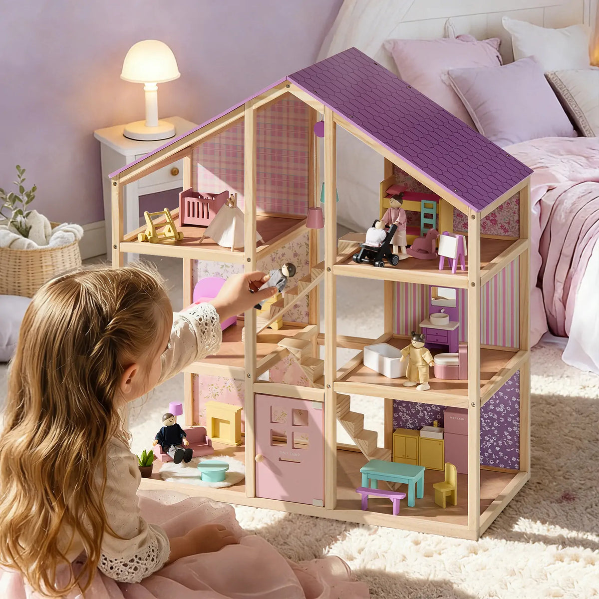 Tiny Land® Sweetwood Unicorn Wooden Dollhouse with Doll Family – 31-Piece Furniture Set & Stroller, Ages 3+
