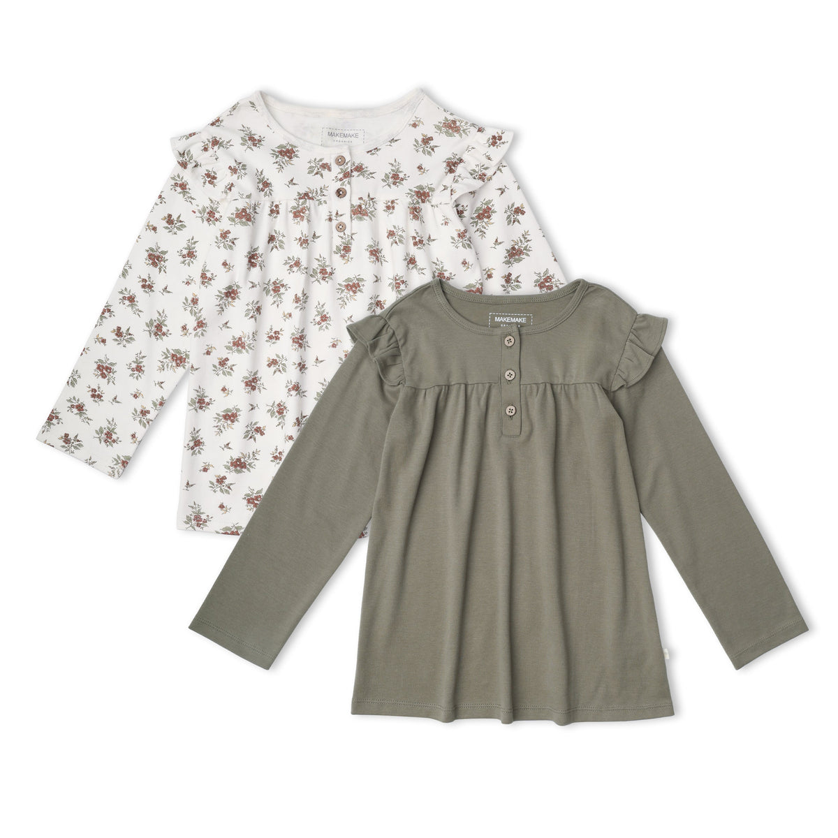 Organic Cotton Ruffle Long Sleeve Tops, Set of 2 for Babies & Toddlers – Winter Berry + Olive