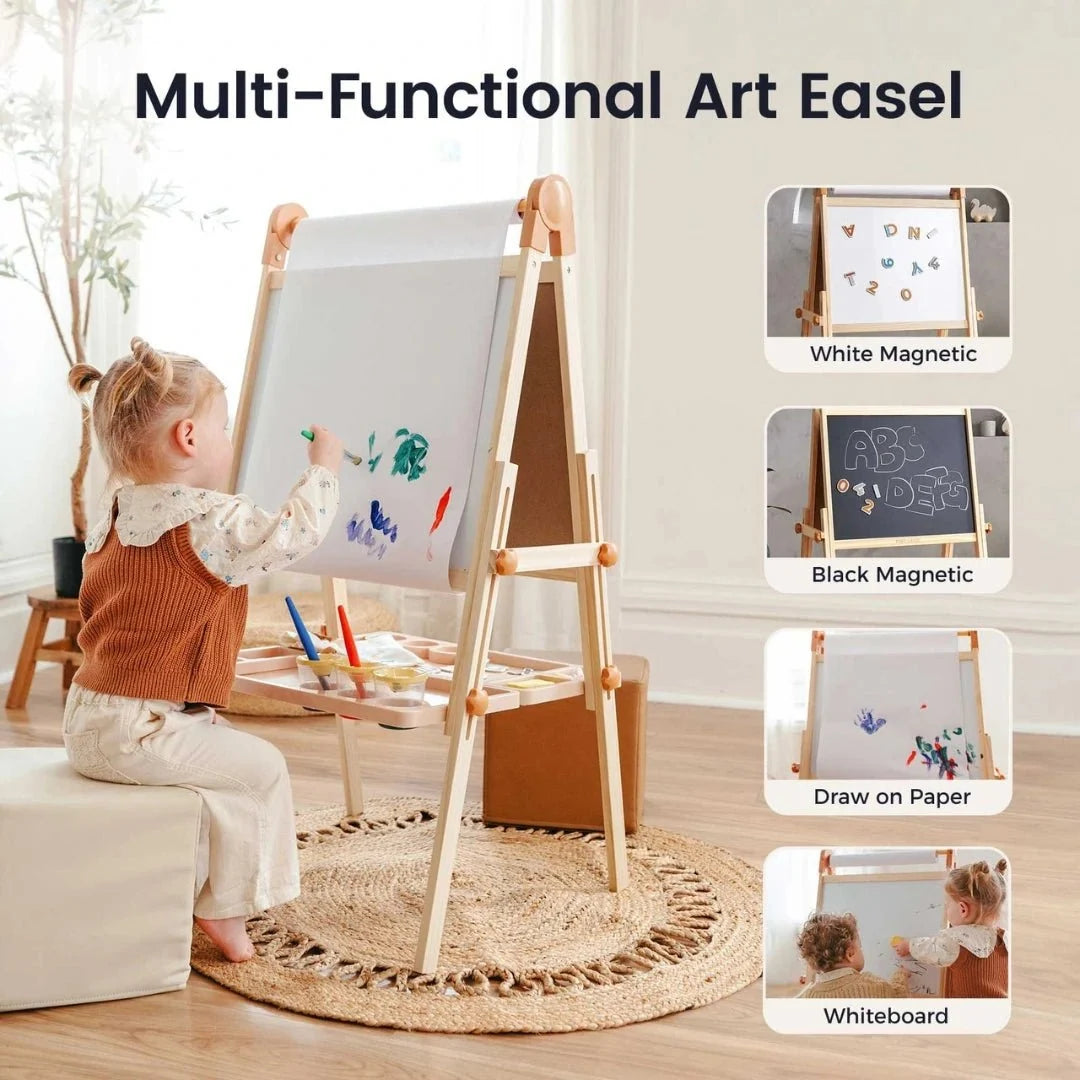 Tiny Land® Caramel Magnitales Art Easel & Paper Roll Set – Double-Sided Magnetic Easel with 3 Extra Paper Rolls, Ages 3–8