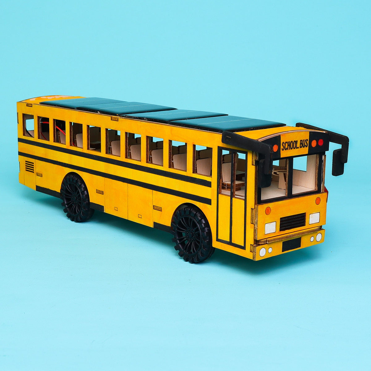 Kitsville Dual Power School Bus DIY Kit – Wooden STEM Building Kit for Kids