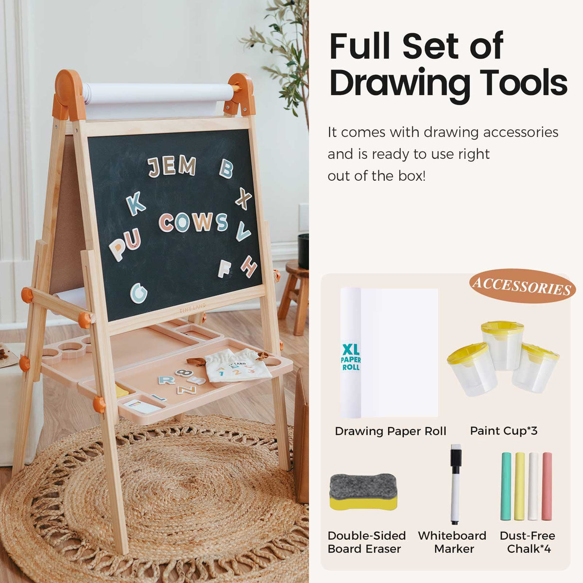 Tiny Land® Caramel Magnitales Art Easel & Paper Roll Set – Double-Sided Magnetic Easel with 3 Extra Paper Rolls, Ages 3–8