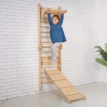 Load image into Gallery viewer, Goodevas 3-in-1 Natural Wood Swedish Wall Ladder + Rope Swing + Slide Board Indoor Jungle Gym
