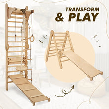 Load image into Gallery viewer, Goodevas 3-in-1 Natural Wood Swedish Wall Ladder + Rope Swing + Slide Board Indoor Jungle Gym
