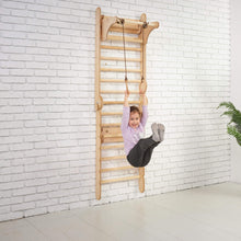 Load image into Gallery viewer, Goodevas 3-in-1 Natural Wood Swedish Wall Ladder + Rope Swing + Slide Board Indoor Jungle Gym
