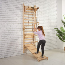 Load image into Gallery viewer, Goodevas 3-in-1 Natural Wood Swedish Wall Ladder + Rope Swing + Slide Board Indoor Jungle Gym
