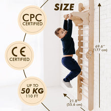 Load image into Gallery viewer, Goodevas 3-in-1 Natural Wood Swedish Wall Ladder + Rope Swing + Slide Board Indoor Jungle Gym
