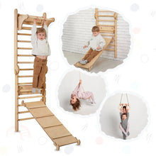 Load image into Gallery viewer, Goodevas 3-in-1 Natural Wood Swedish Wall Ladder + Rope Swing + Slide Board Indoor Jungle Gym
