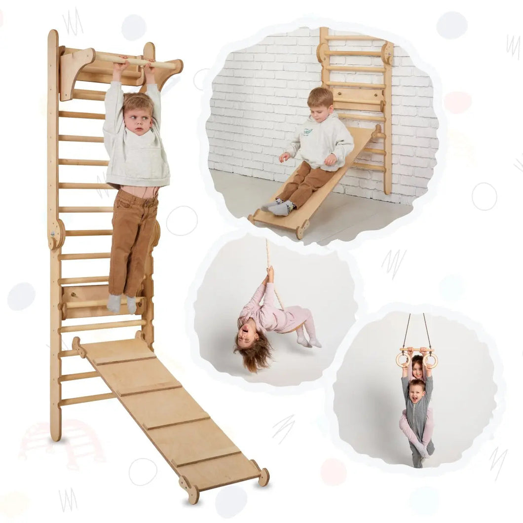 Goodevas 3-in-1 Natural Wood Swedish Wall Ladder + Rope Swing + Slide Board Indoor Jungle Gym