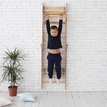 Load image into Gallery viewer, Goodevas 3-in-1 Natural Wood Swedish Wall Ladder + Rope Swing + Slide Board Indoor Jungle Gym
