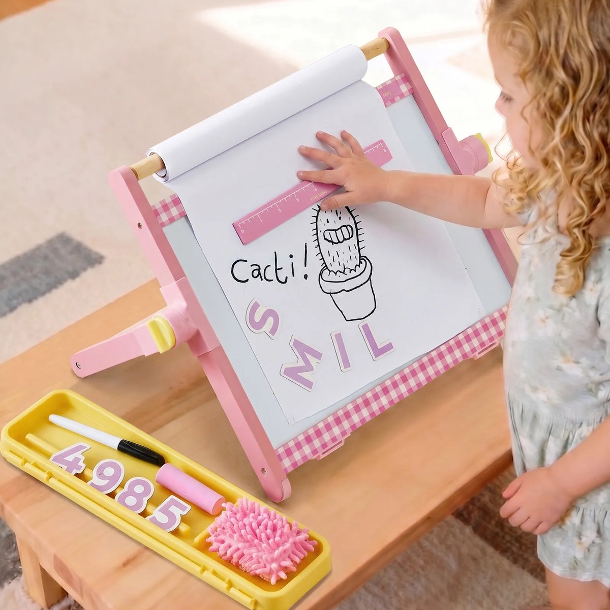 Tiny Land® Double-Sided Magnetic Tabletop Easel – Whiteboard, Chalkboard & Paper Roll with Letter Magnets, Ages 3+