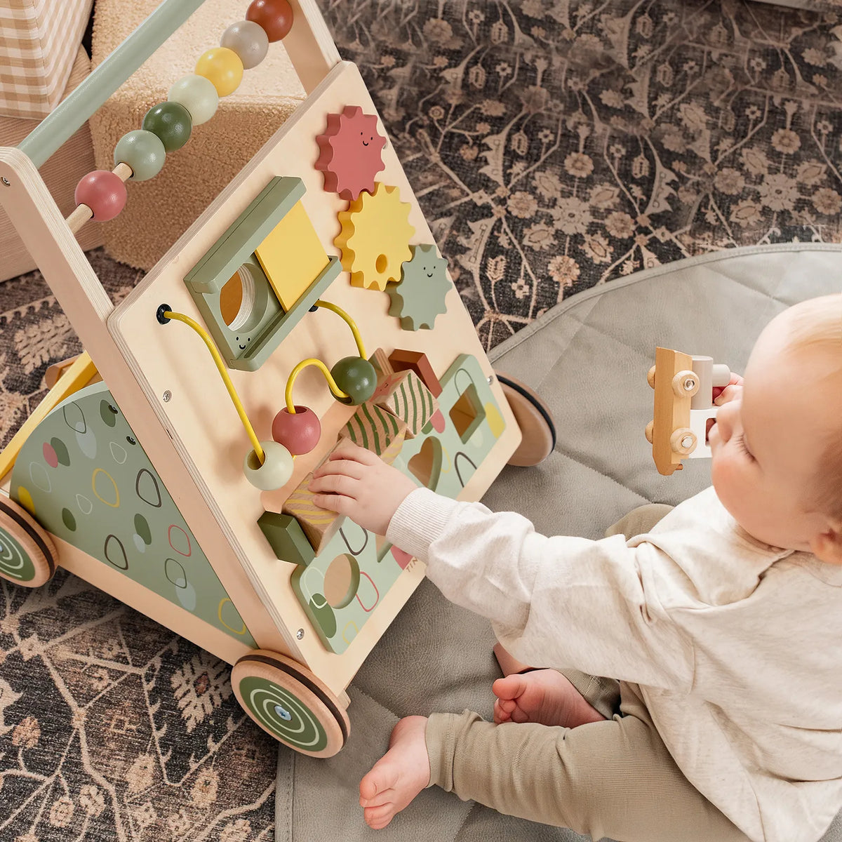 Tiny Land Sage Green Wooden Baby Walker – Push Walker with Activity Center