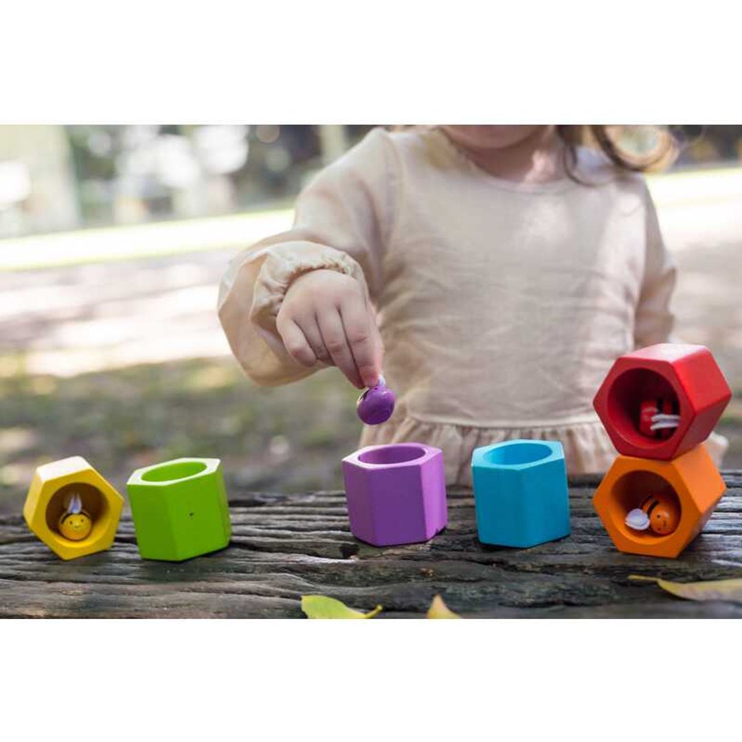 PlanToys Eco-Friendly Non-Toxic Wooden Beehives Fine Motor Skills and Color Matching Toy