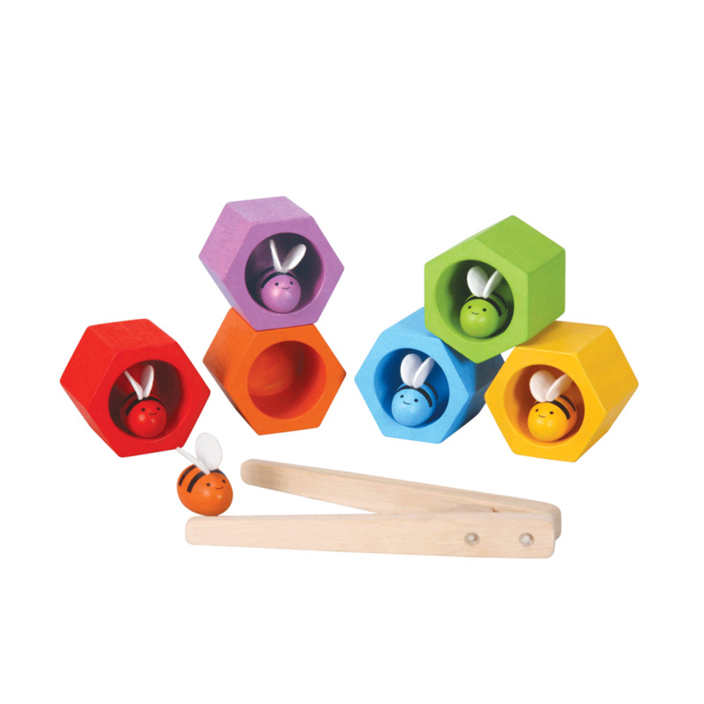 PlanToys Wooden Sorting and Matching Beehives Toy with colorful bees and hives.