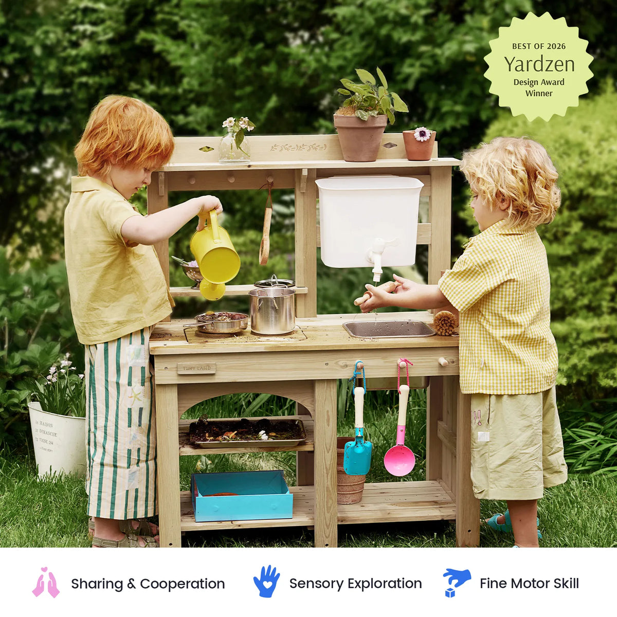 Tiny Land DuoPlay Mud Kitchen – Outdoor Wooden Play Kitchen with Water Tank