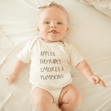 Load image into Gallery viewer, graphic bodysuit | apples hayrides smores
