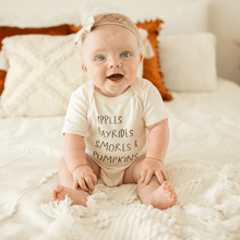 Load image into Gallery viewer, graphic bodysuit | apples hayrides smores
