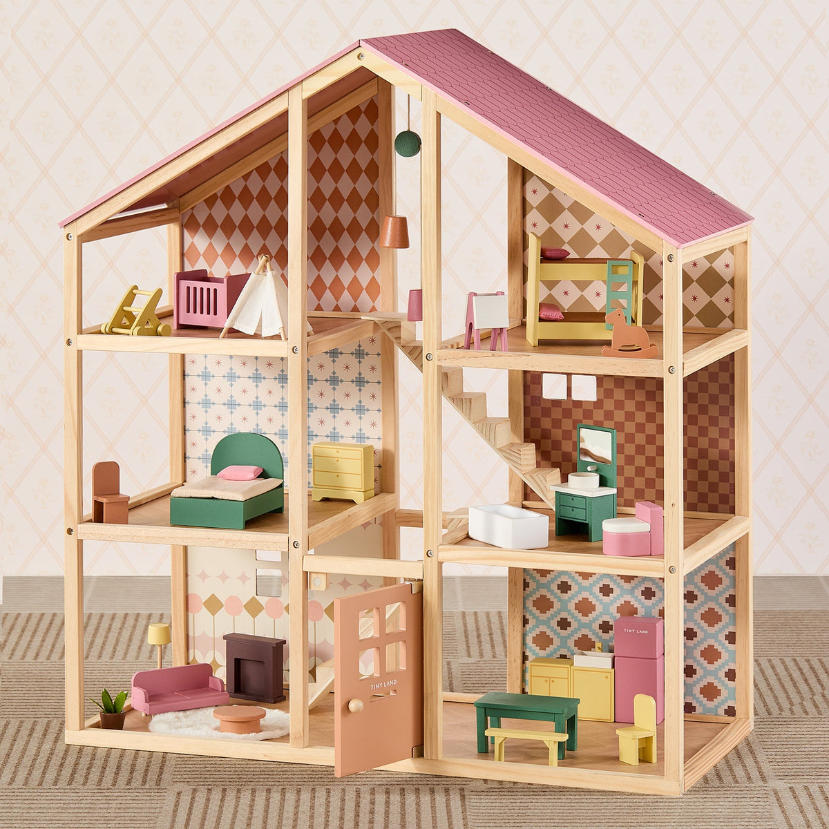 Tiny Land® Sweetwood Wooden Dollhouse without Dolls – 3 Levels + Attic, 6 Rooms, Wooden Furniture Set, Ages 3+