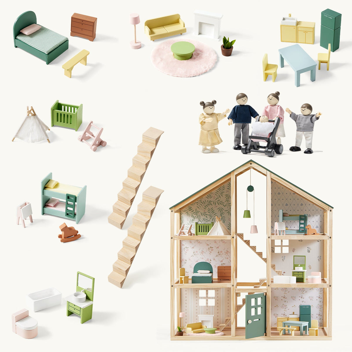 Tiny Land® Sweetwood Evergreen Wooden Dollhouse with Doll Family – 31-Piece Furniture Set & Stroller, Ages 3+