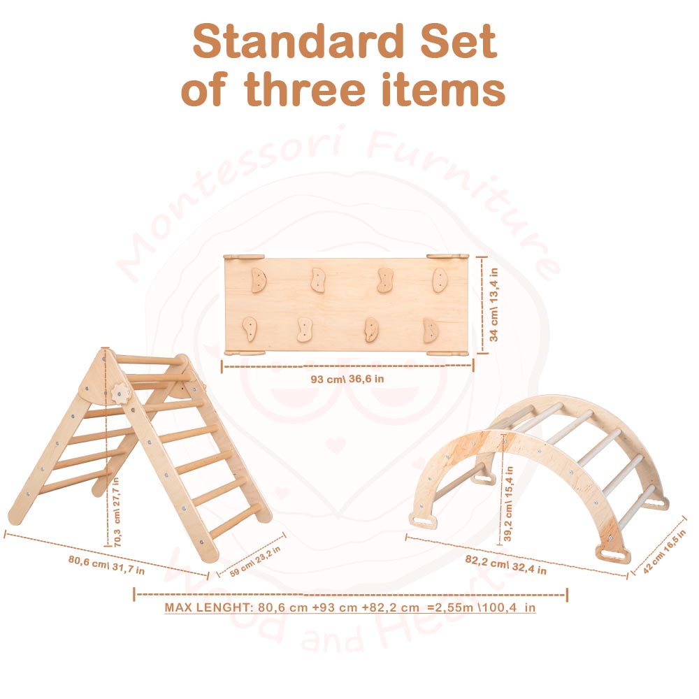 Wood and Hearts Eco-Friendly Wooden Montessori Climbing 3-in-1 Set | Foldable Triangle, Climbing Arch, Rocker Board