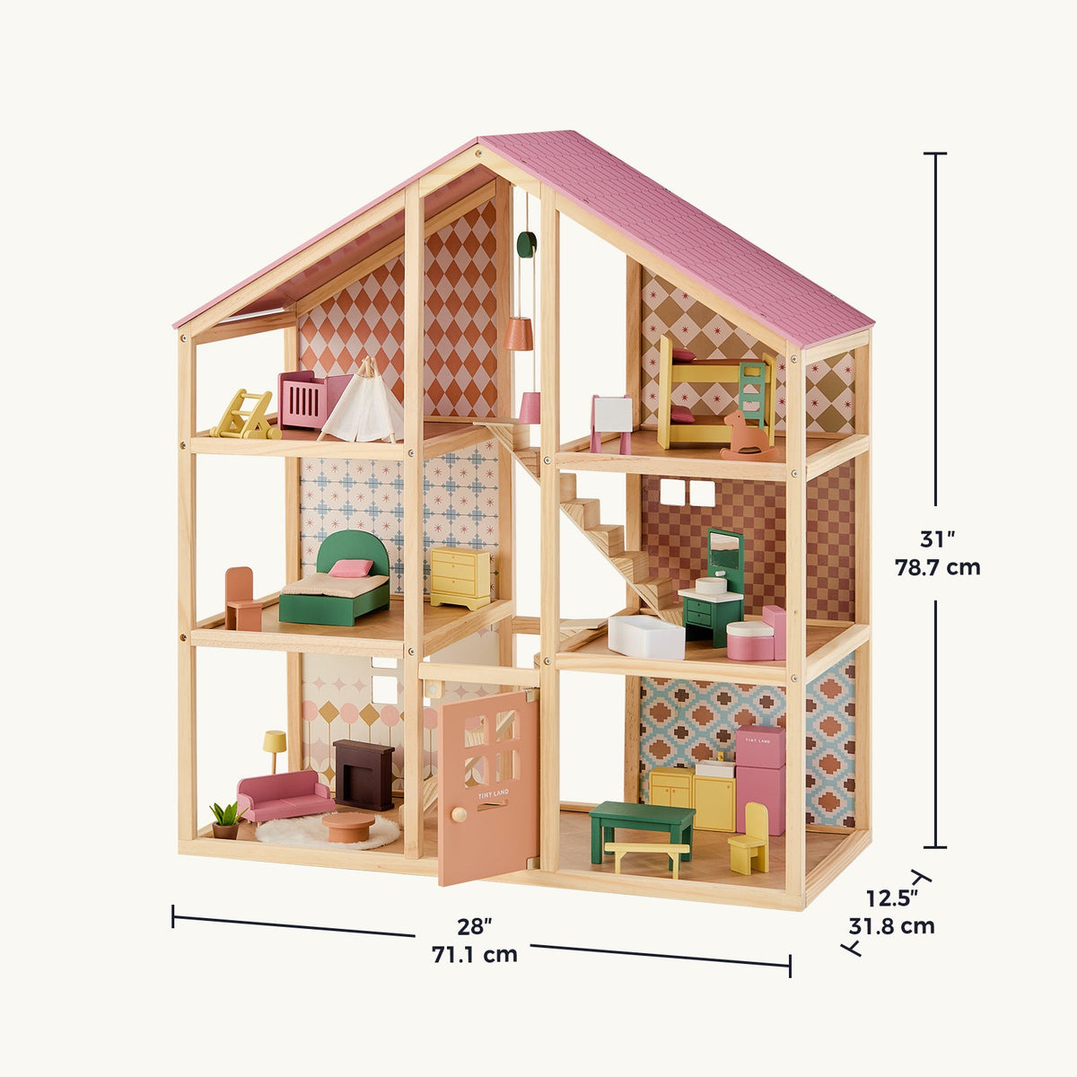 Tiny Land® Sweetwood Wooden Dollhouse without Dolls – 3 Levels + Attic, 6 Rooms, Wooden Furniture Set, Ages 3+