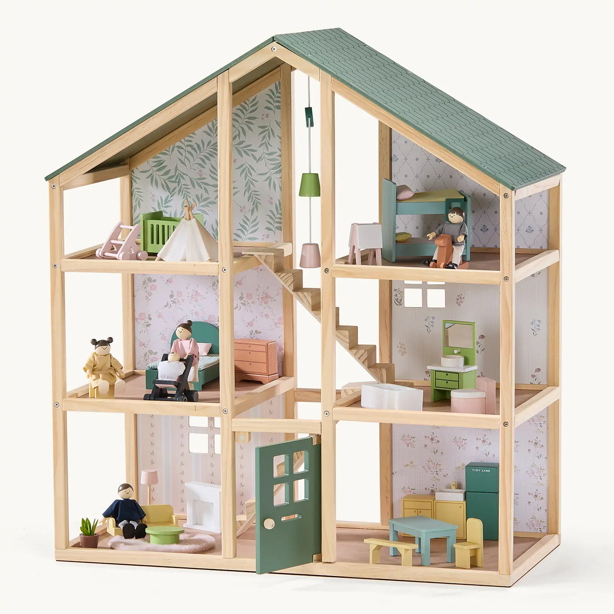Tiny Land® Sweetwood Evergreen Wooden Dollhouse with Doll Family – 31-Piece Furniture Set & Stroller, Ages 3+
