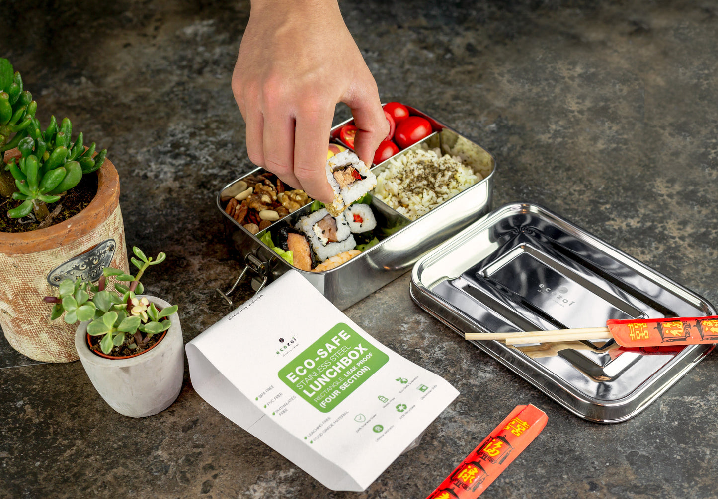 Ecozoi Sustainable Non-Toxic Stainless Steel Lunch Box, 4 Compartment Leak Proof, 50 Oz