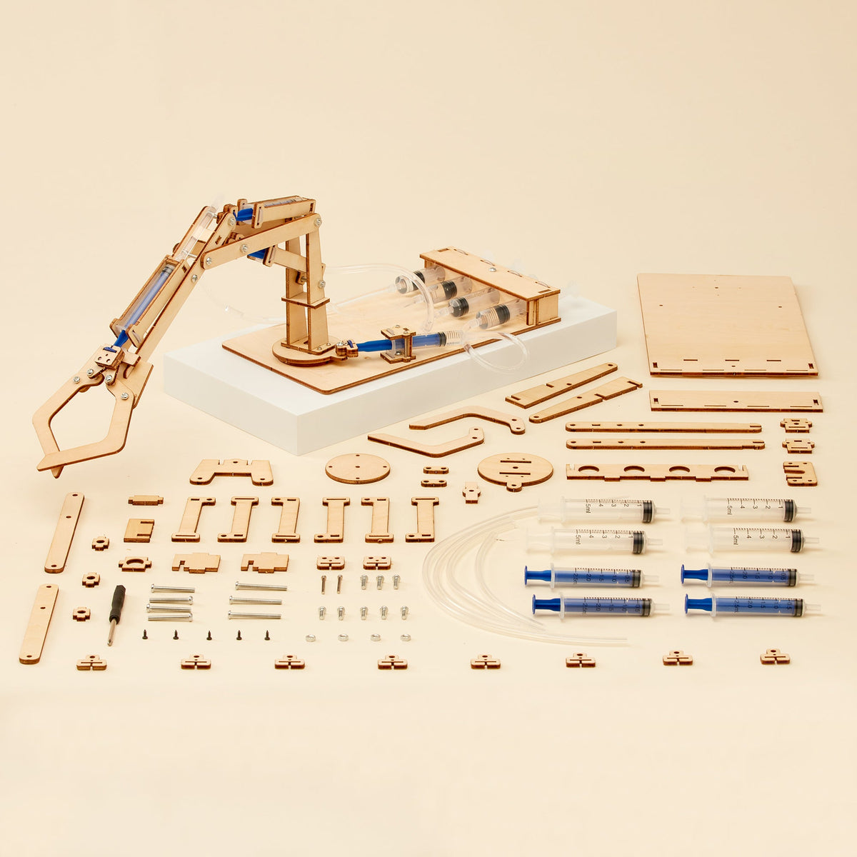 Kitsville Hydraulic Robotic Arm DIY Kit – Wooden STEM Building Kit for Kids 10+