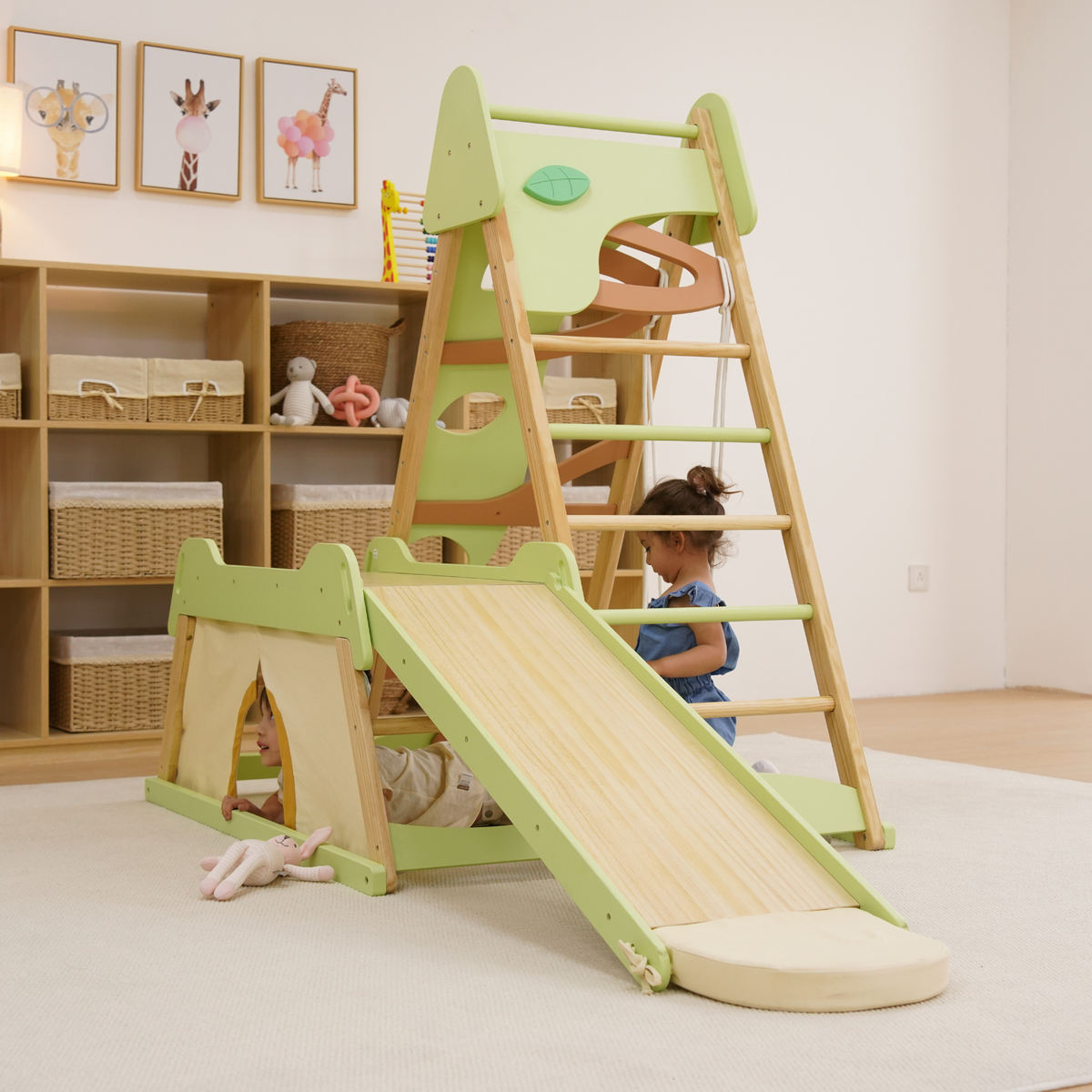 Avenlur Bush 6-in-1 Wooden Indoor Jungle Gym – Montessori Toddler Climber with Slide, Rock Wall & Swing