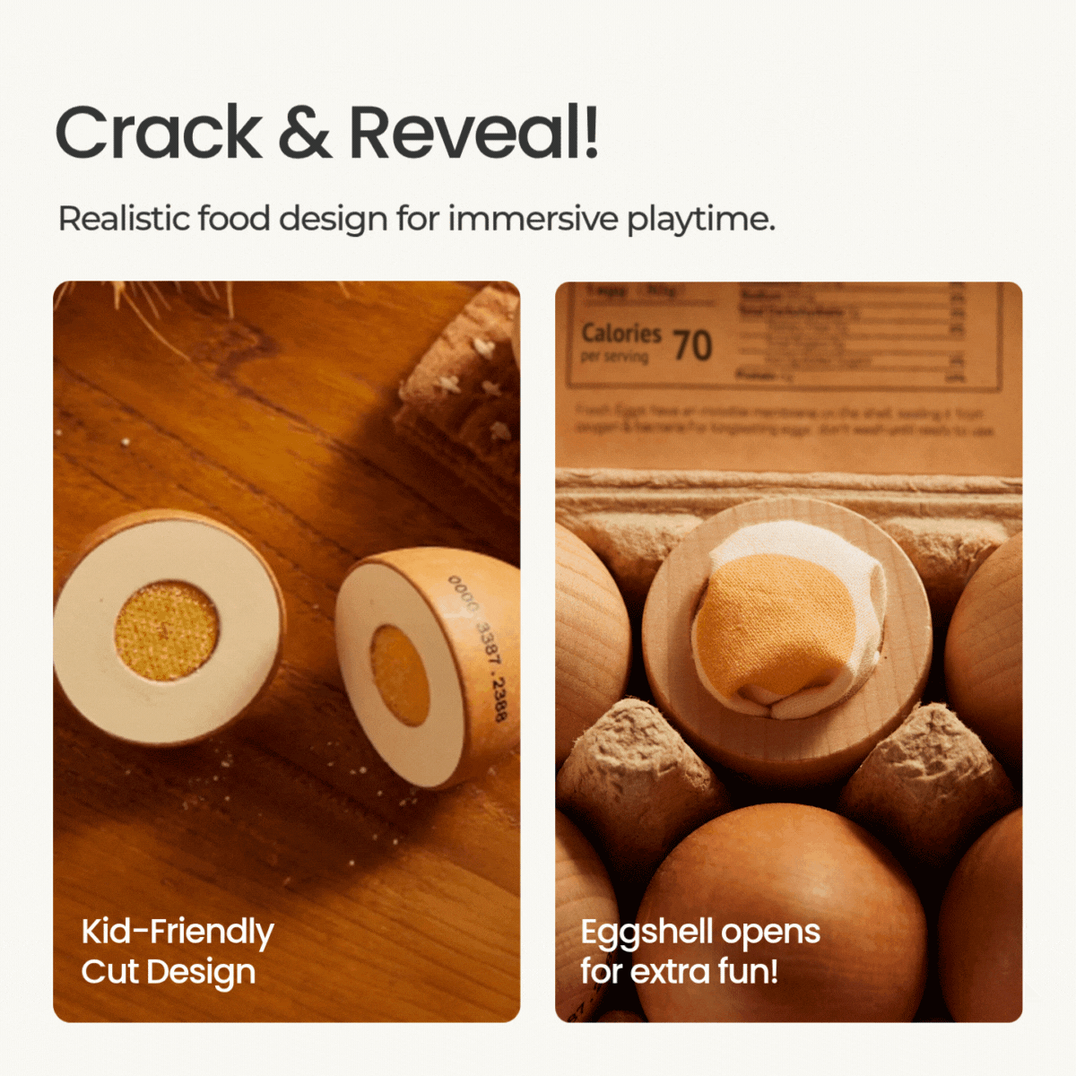 Tiny Land® Wooden Egg Combo Playset – 6 Beech Wood Play Eggs with Carton & Cloth Yolk, Pretend Play Food, Ages 3+