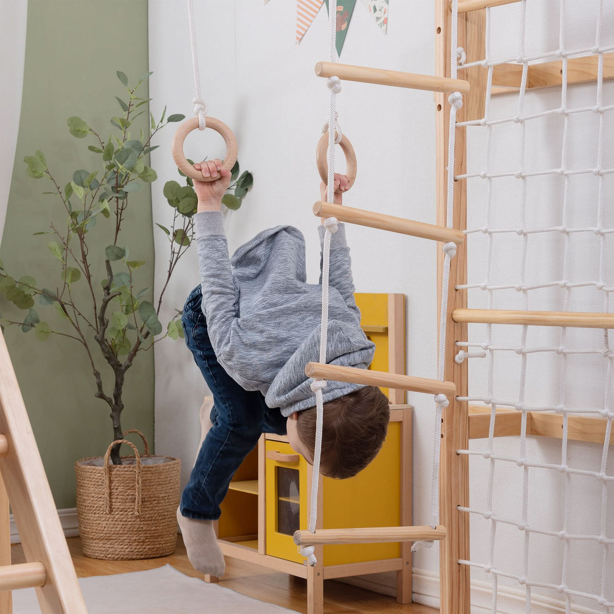 Avenlur Grove 8-in-1 Foldable Wall-Mounted Indoor Jungle Gym with Slide, Rope Net & Swing