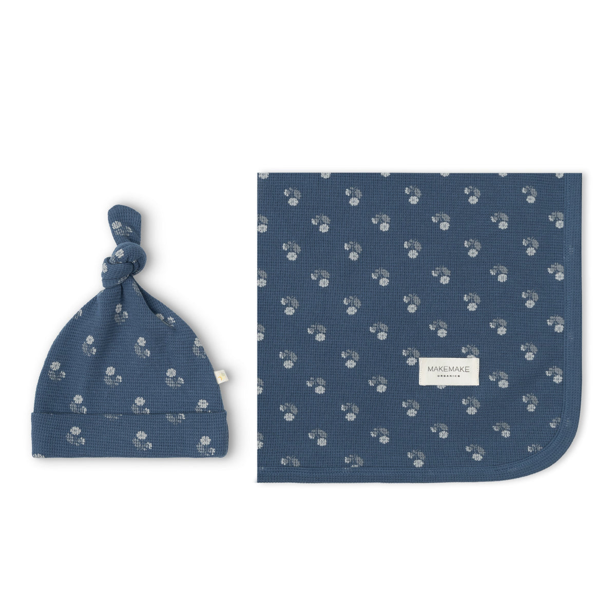 Organic Cotton Swaddle Blanket & Knotted Hat Set for Newborns – Indigo Blossom