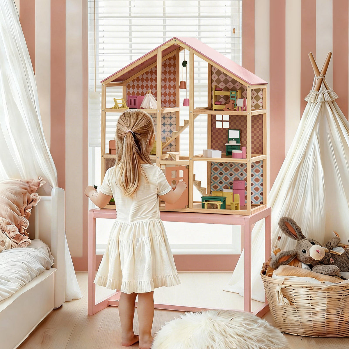 Tiny Land® Sweetwood Wooden Dollhouse without Dolls – 3 Levels + Attic, 6 Rooms, Wooden Furniture Set, Ages 3+