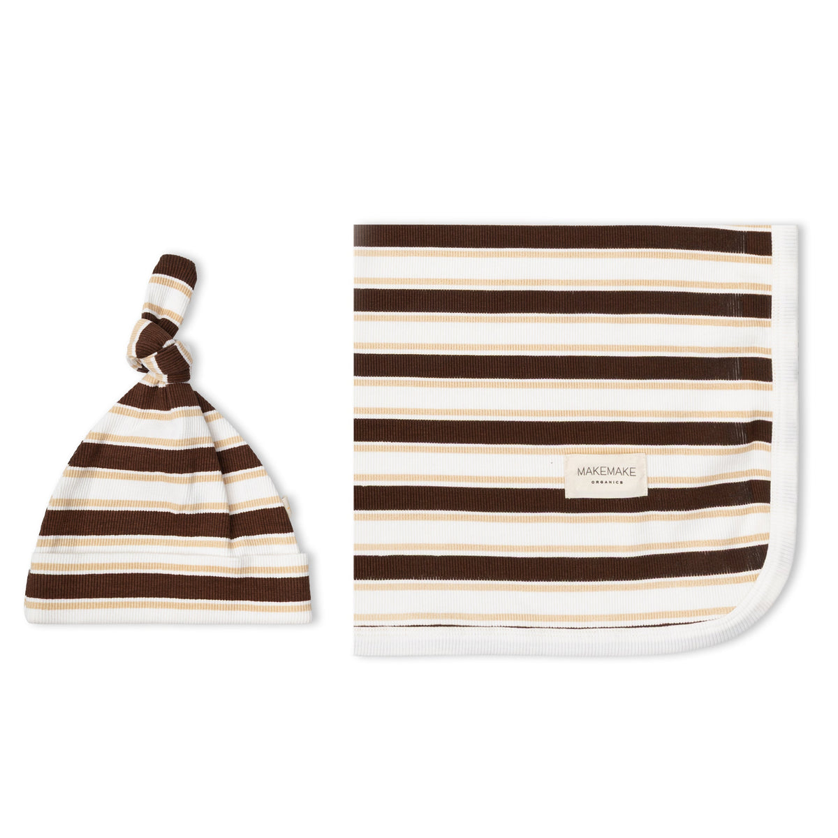 Organic Cotton Swaddle Blanket & Knotted Hat Set for Newborns – Cocoa Stripe