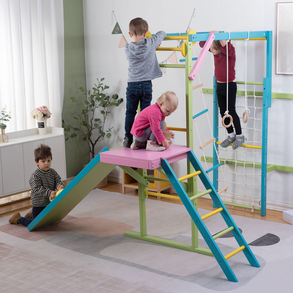 Avenlur Grove 8-in-1 Foldable Wall-Mounted Indoor Jungle Gym with Slide, Rope Net & Swing