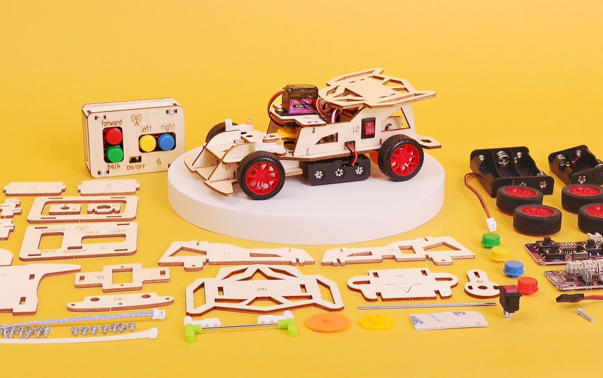Kitsville Steering Remote Control Car DIY Kit – Wooden STEM Building Kit for Kids 12+