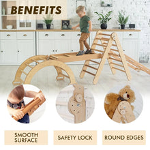 Load image into Gallery viewer, Goodevas 4-in-1 Natural Wood Montessori Climbing Set - Indoor Jungle Gym for Kids Ages 1-7 | Pikler Triangle, Arch, Net, Ramp and Slide
