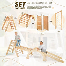 Load image into Gallery viewer, natural wood pikler triangle arch slide and net toddler indoor jungle gym climbing toys
