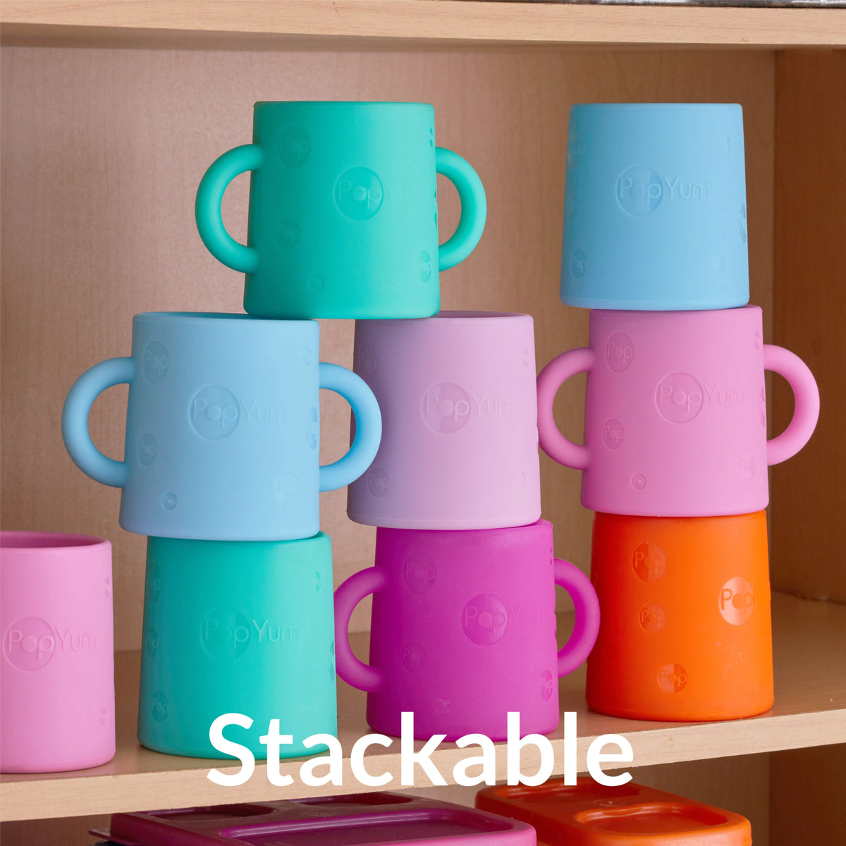 PopYum 5oz Silicone Training Cups, 2-Pack – Sky Blue & Orange (6+ Months)