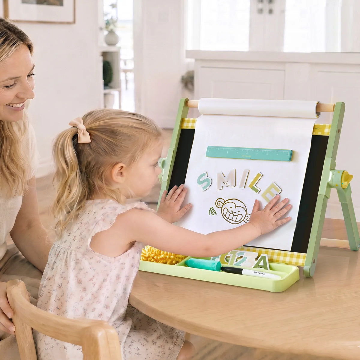 Tiny Land® Double-Sided Magnetic Tabletop Easel – Whiteboard, Chalkboard & Paper Roll with Letter Magnets, Ages 3+