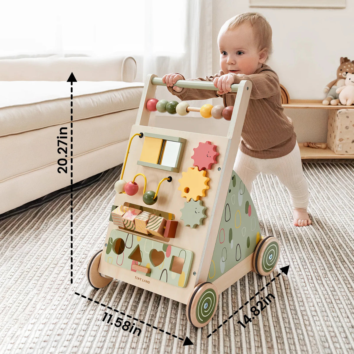 Tiny Land Sage Green Wooden Baby Walker – Push Walker with Activity Center