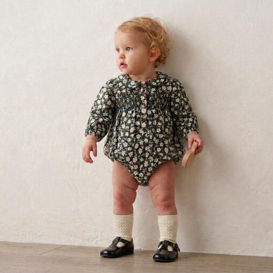 Organic Cotton Smocked Long Sleeve Bubble Romper for Babies – Twilight Meadow