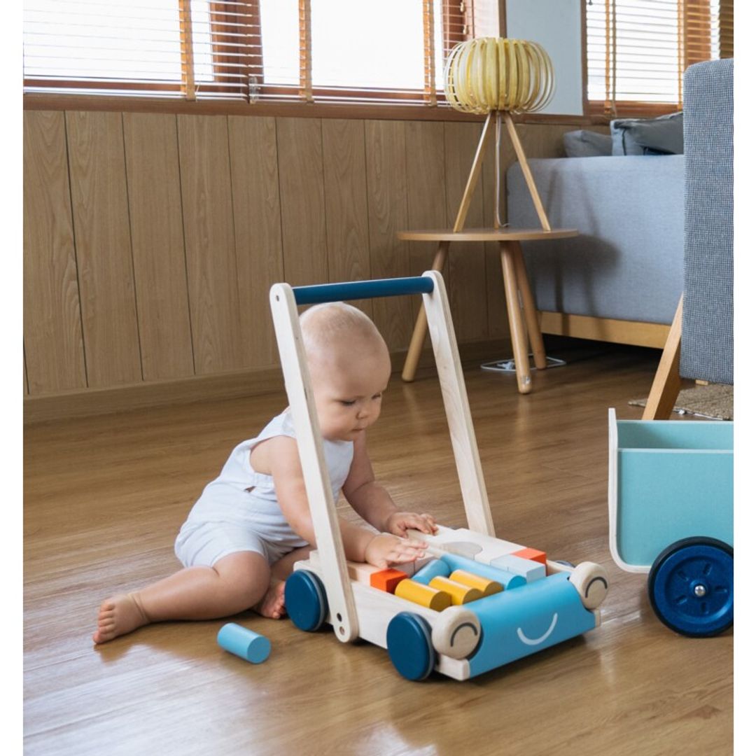 PlanToys Eco-Friendly Wooden Baby Walker and Building Blocks Set - Orchard