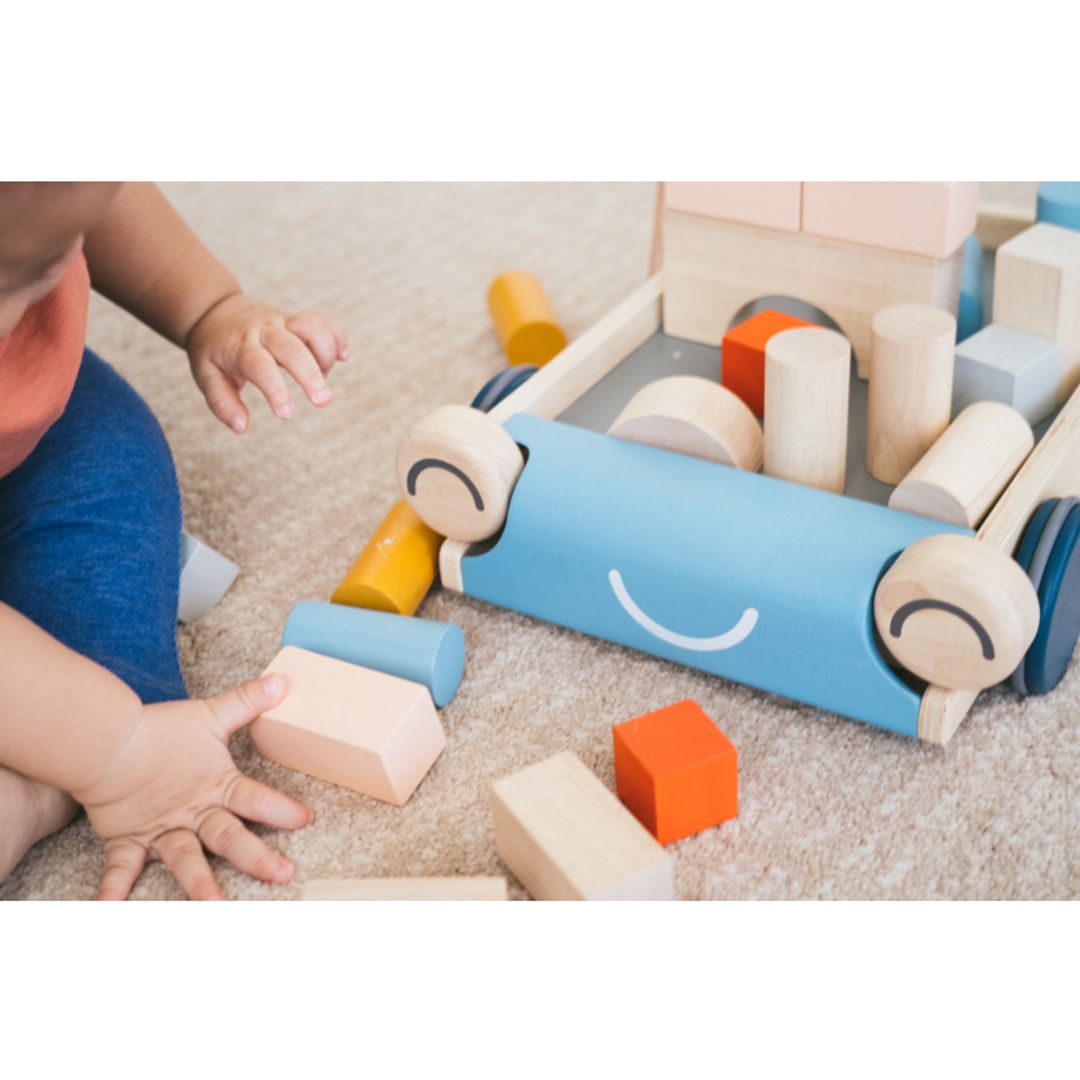 PlanToys Eco-Friendly Wooden Baby Walker and Building Blocks Set - Orchard