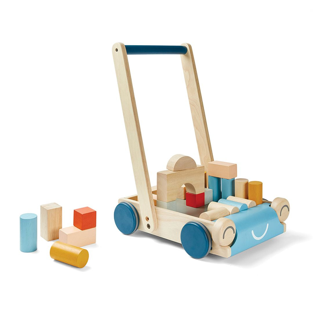 PlanToys Eco-Friendly Wooden Baby Walker and Building Blocks Set - Orchard