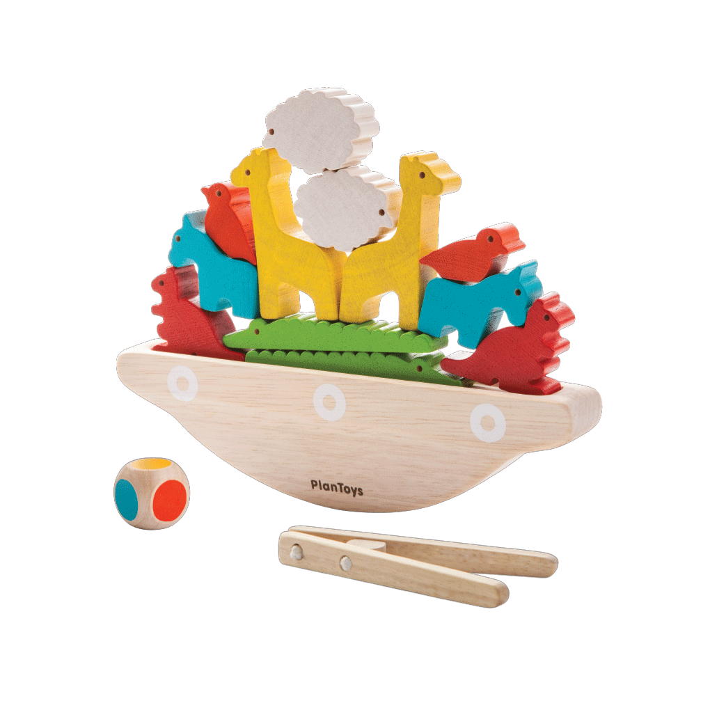 A wooden balancing boat toy from PlanToys with colorful animal pieces.