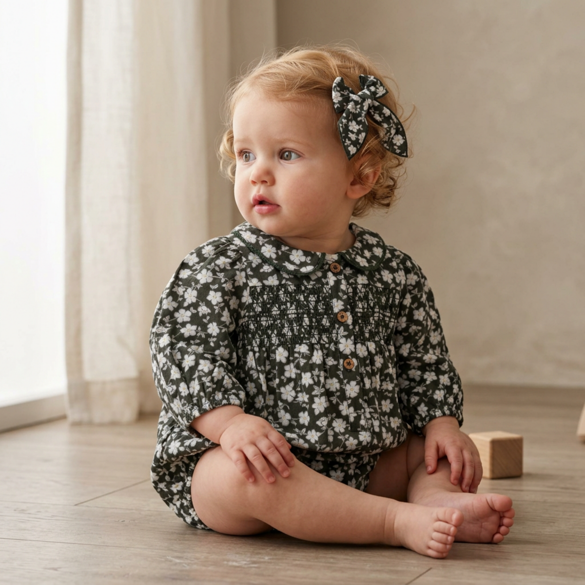 Organic Cotton Smocked Long Sleeve Bubble Romper for Babies – Twilight Meadow