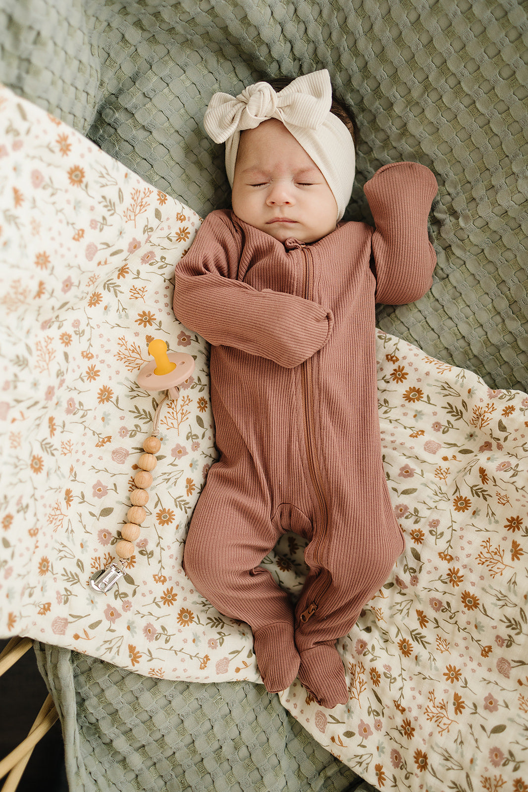 Mebie Baby Organic Cotton Ribbed Zipper Footed Pajamas Onesie | Dusty Rose