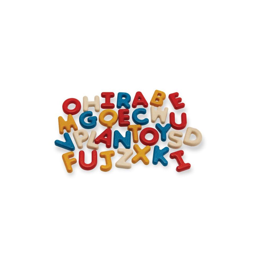 A set of colorful wooden uppercase alphabet letters from PlanToys made from rubberwood.